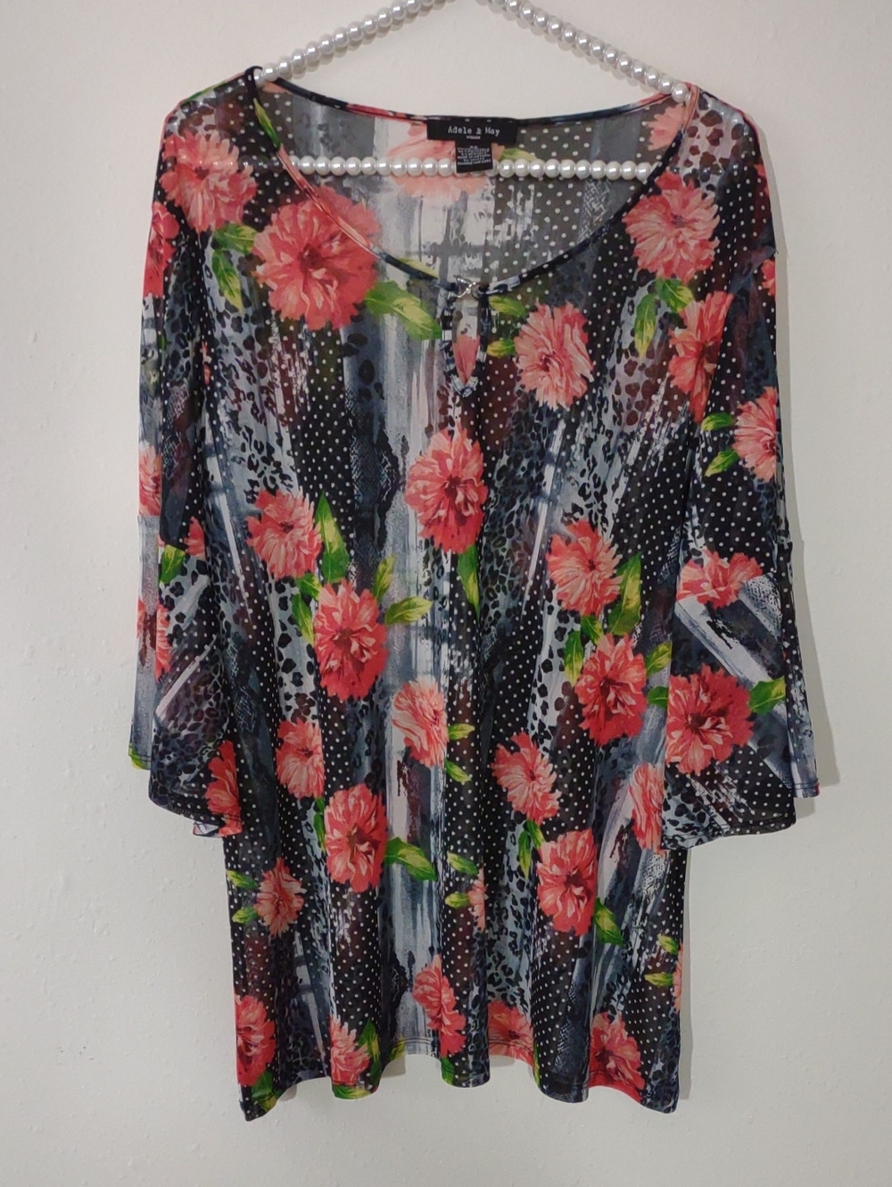 Adele & May Size 2X Floral Top Rhinestone Accent Plus Size Womens Shirt